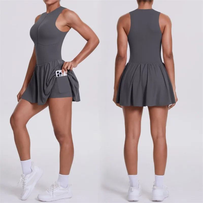 

Women's Yoga Dress Fake Two Piece Anti-Flash Liner Skirt Mock Neck Tennis Dress for Running Workout Outdoor
