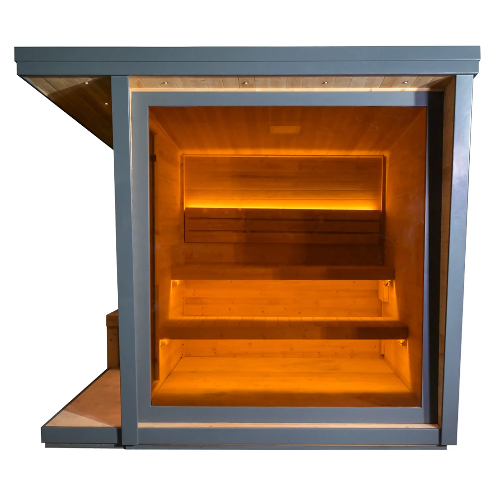 Large Size Morden Outdoor Wooden Sauna With Locker Room Outdoor Sauna with Panoramic Glass 6-8 People Garden Spa Sauna