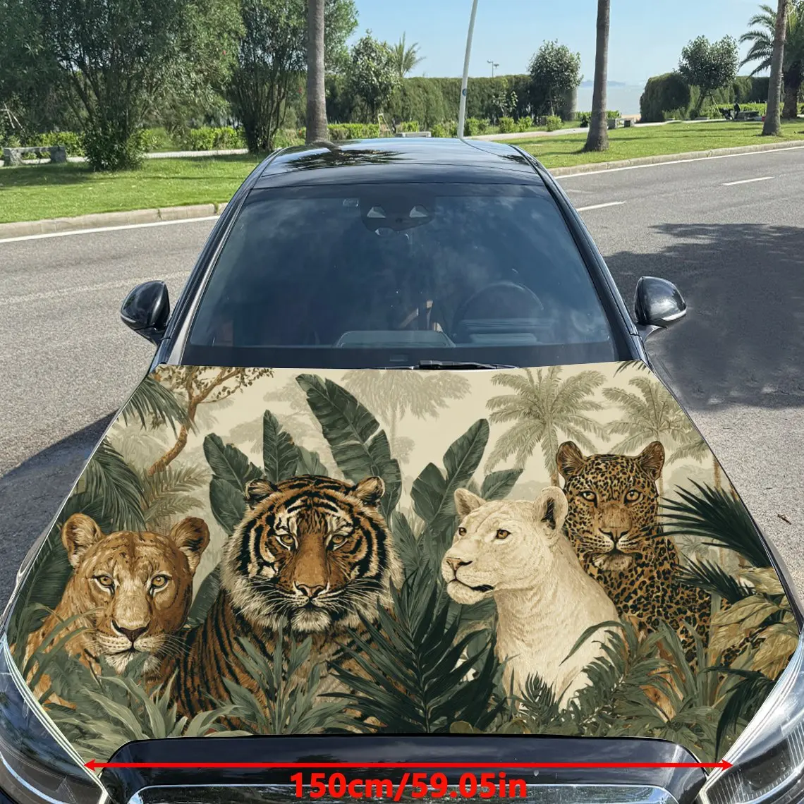 Car Decal Lion and Tigers in Artistic Foliage Background with Textural Animal and Plant Elements & Wild-Vintage Visual Details C
