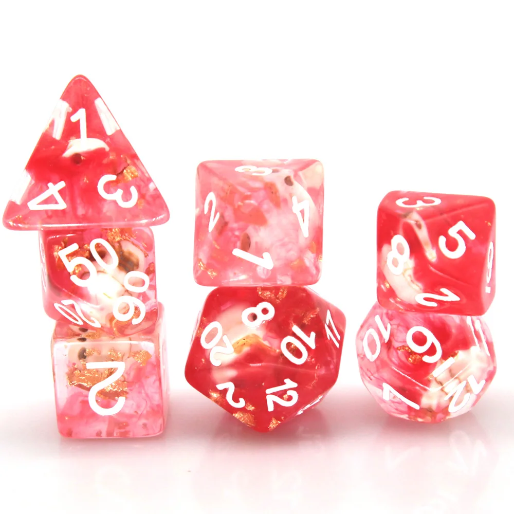 7-teiliges Rosa Harz-Würfelset mit Goldfolie, Polyedrisches Totenkopf-Würfelset für DND RPG TTRPG Brettspiele