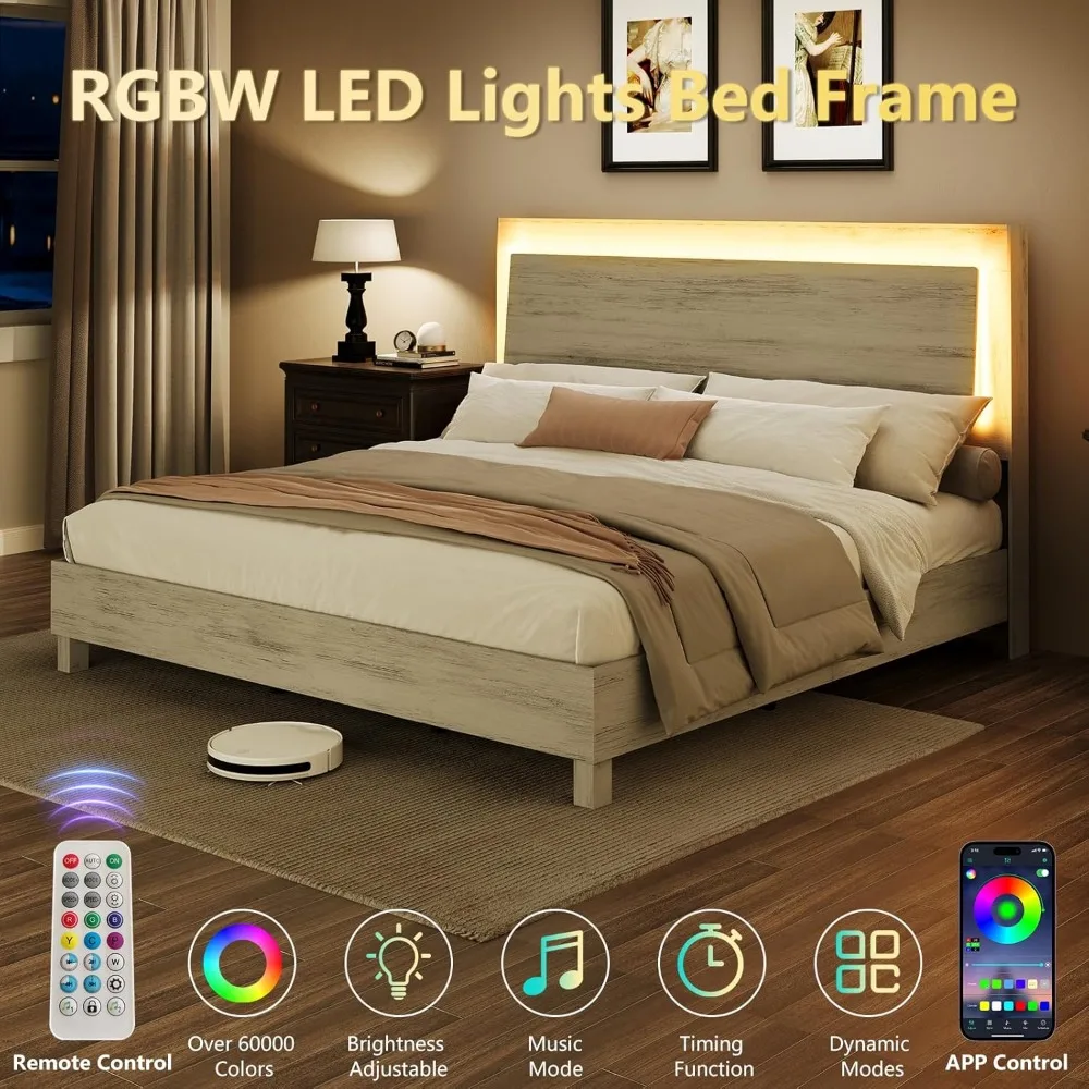 إطار سرير خشبي كامل الحجم مع ضوء RGBW LED، سرير بمنصة حديثة لمنتصف القرن مع لوح رأسي عائم وأرجل من الخشب الصلب، بدون Bo
