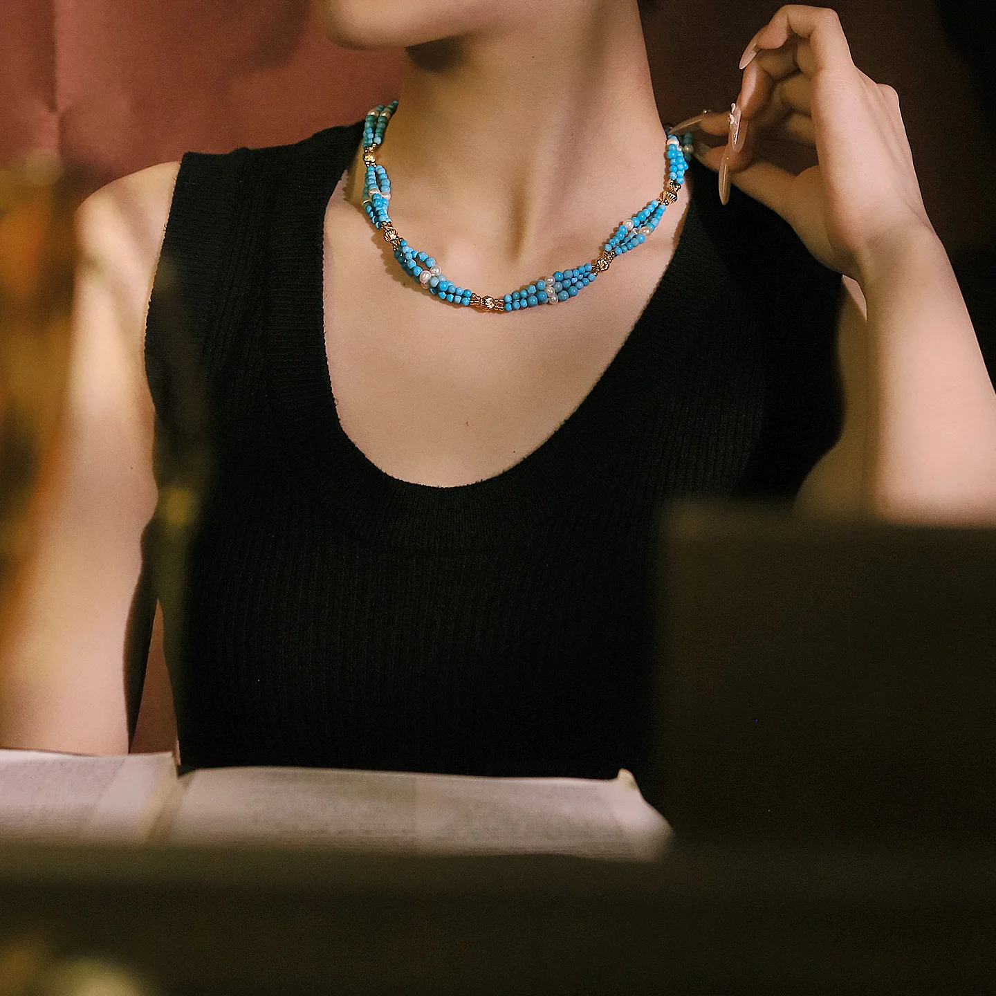 Women Multi Layer Freshwater Pearl Turquoise Neck Chain Elegant Versatile Clavicle Necklace Daily Dating Wedding Jewelry Gift