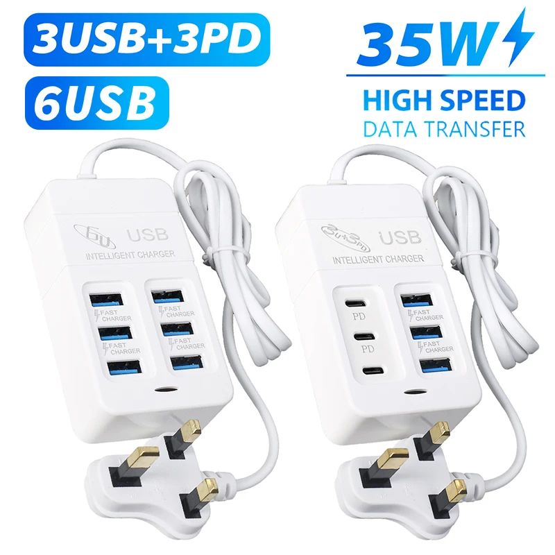 6Ports USB Charger 35W PD Type-C Fast Charging for Home Office School Room Travel Charger Type C USB Hub Adapter US EU UK Plug