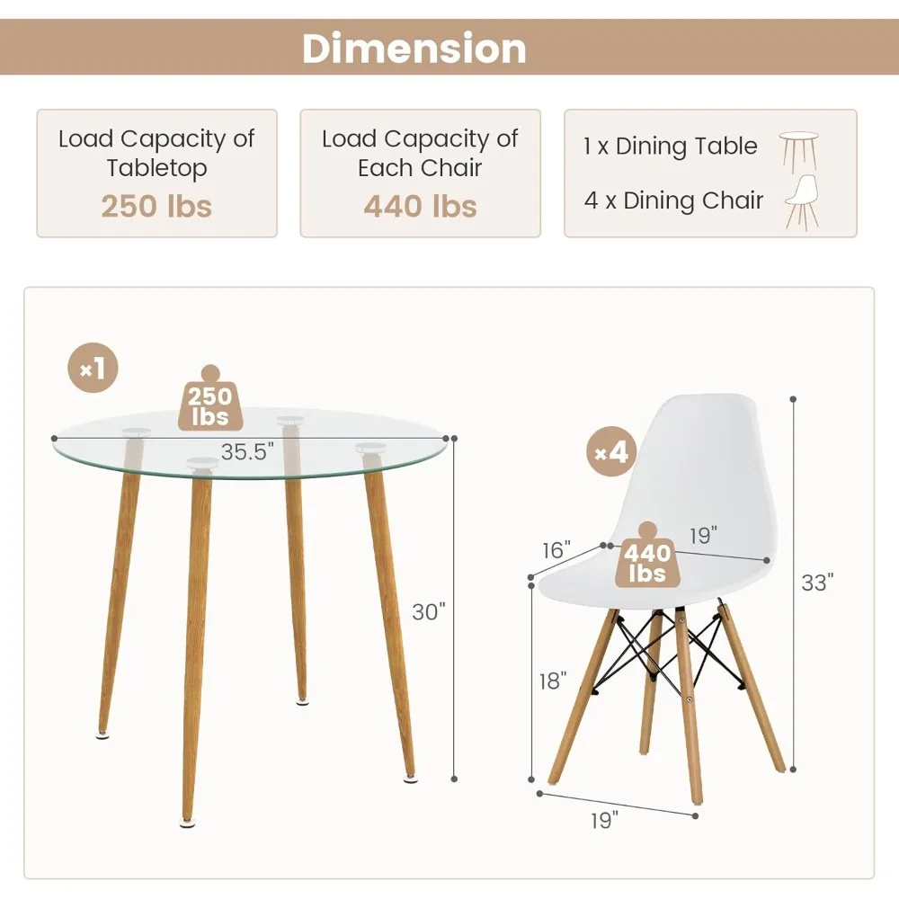 5-Piece Dining Table Set for 4, Kitchen Table Set with Seat, Solid Wood Legs, Metal Frames & Tempered Glass Tabletop, R