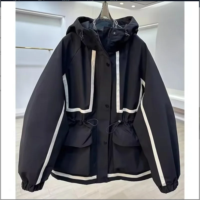 Damska kurtka z kapturem, kontrastowe przeszycia, nowość na wiosnę i jesień 2025, luźny krótki trencz z paskiem w talii, odzież wierzchnia.