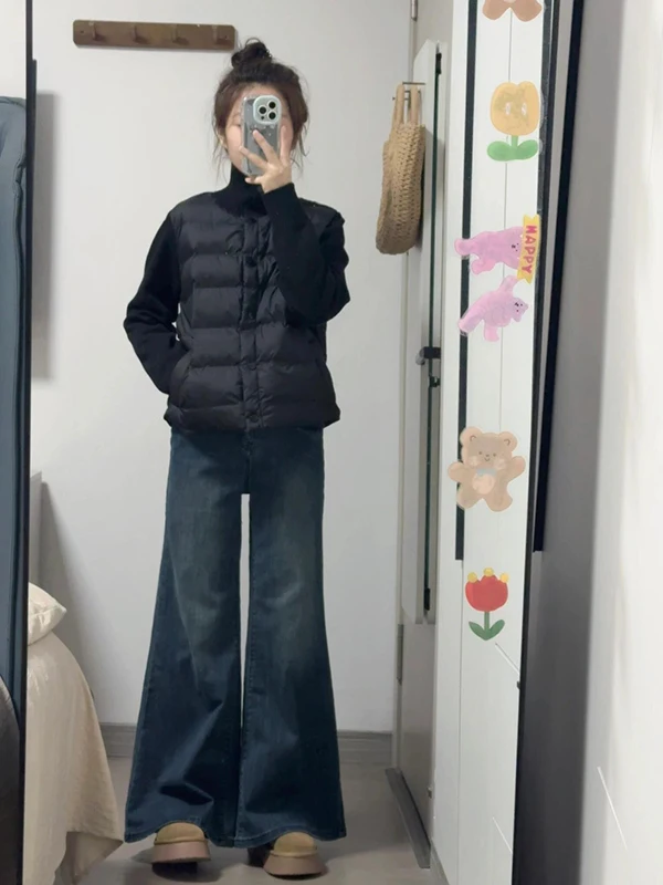 

Американские ретро-джинсы с высокой талией и широкими штанинами для женщин, зимние свободные прямые джинсовые брюки, винтажные расклешенные брюки-клеш