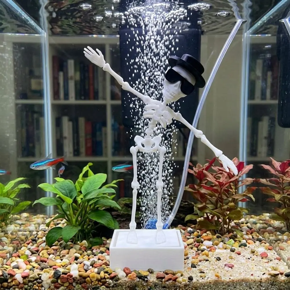 3D Printed Dancing Skeleton Aquarium Bubbler Plastic Wear Hat Sunglasses Dynamic Skeleton Bubbler Gothic Air Driven