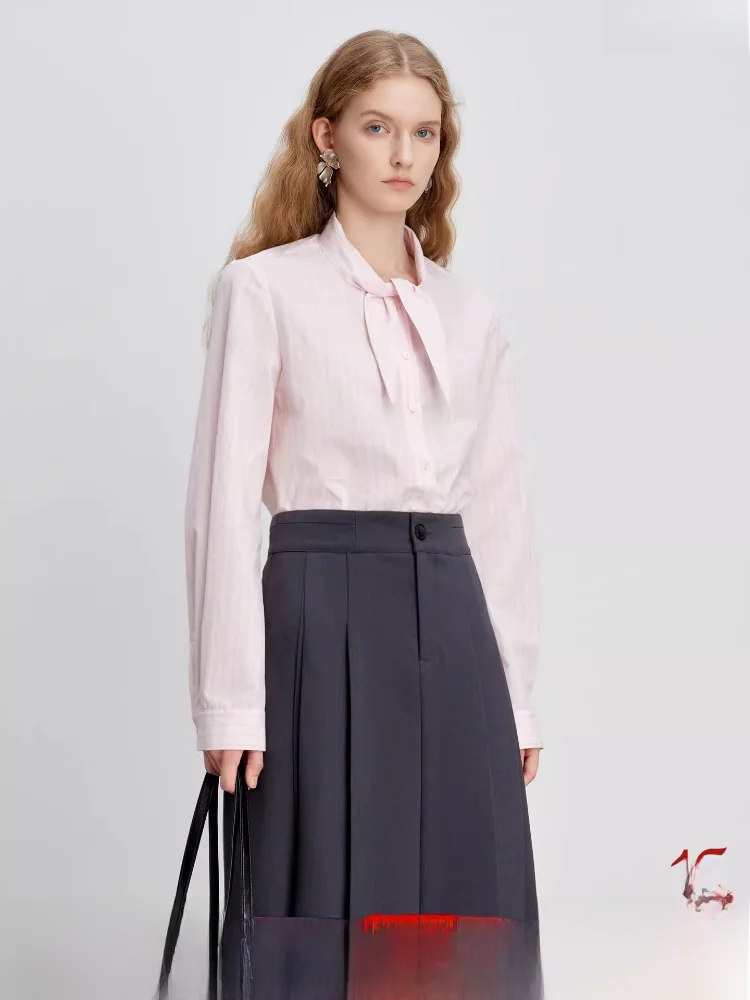 

Новая женская хлопковая рубашка с длинным рукавом H-образного кроя, пастельные полоски, дизайн с завязками в виде кроличьих ушек, простой повседневный стиль, чистый хлопок 26ZQ9043