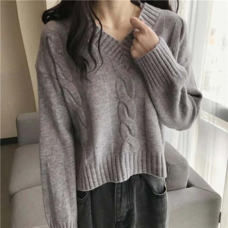 Fashion Women Sweaters 2024 Y2k Knit Top Autumn Winter Pullovers V-neck Knitwears Long Sleeve Clothes Solid Ladies Sweater New