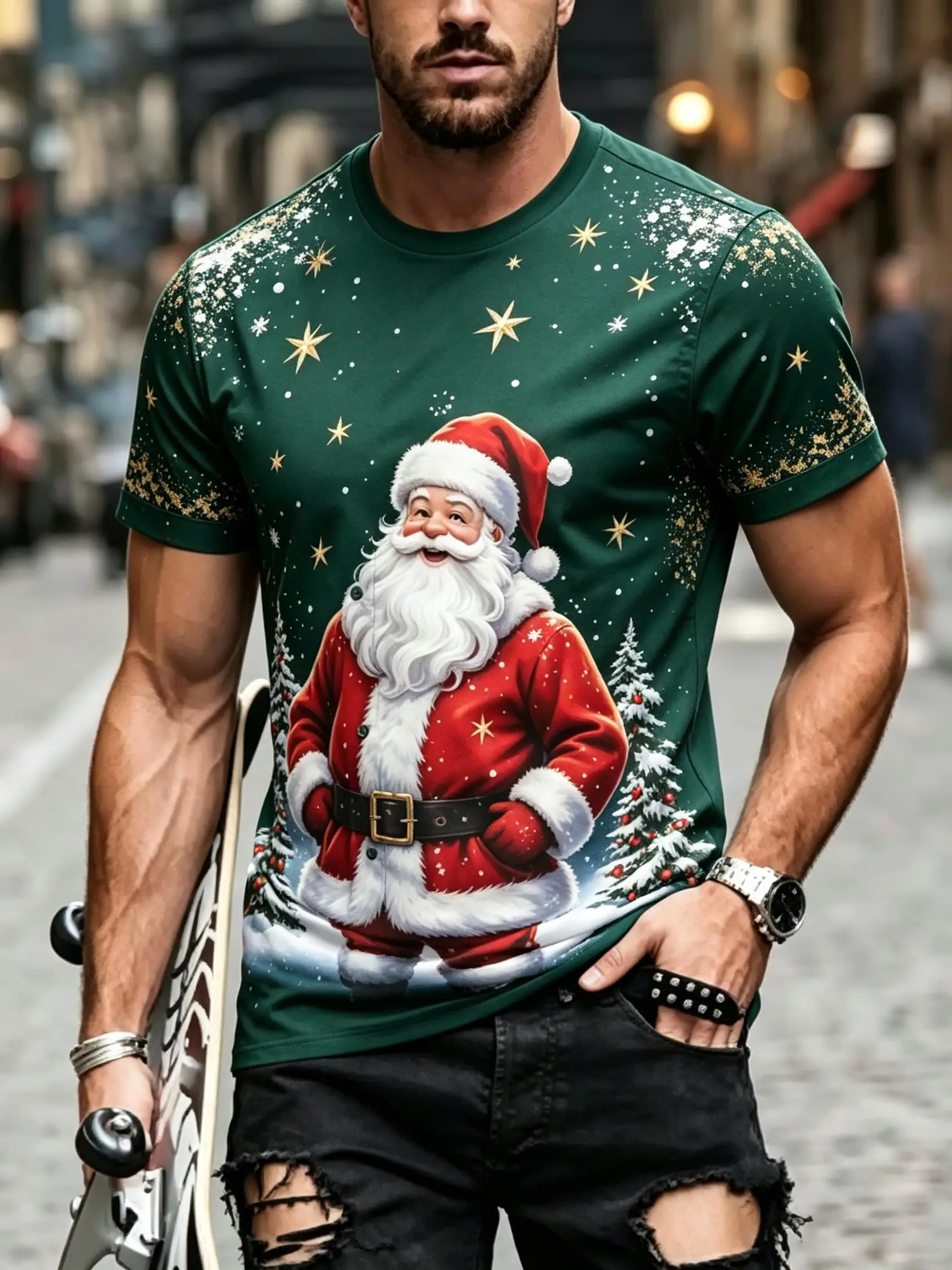Mens Casual Short Sleeve T-shirt Wine Red Vintage Santa Snowflake Star Print Fashion Xmas Blouse