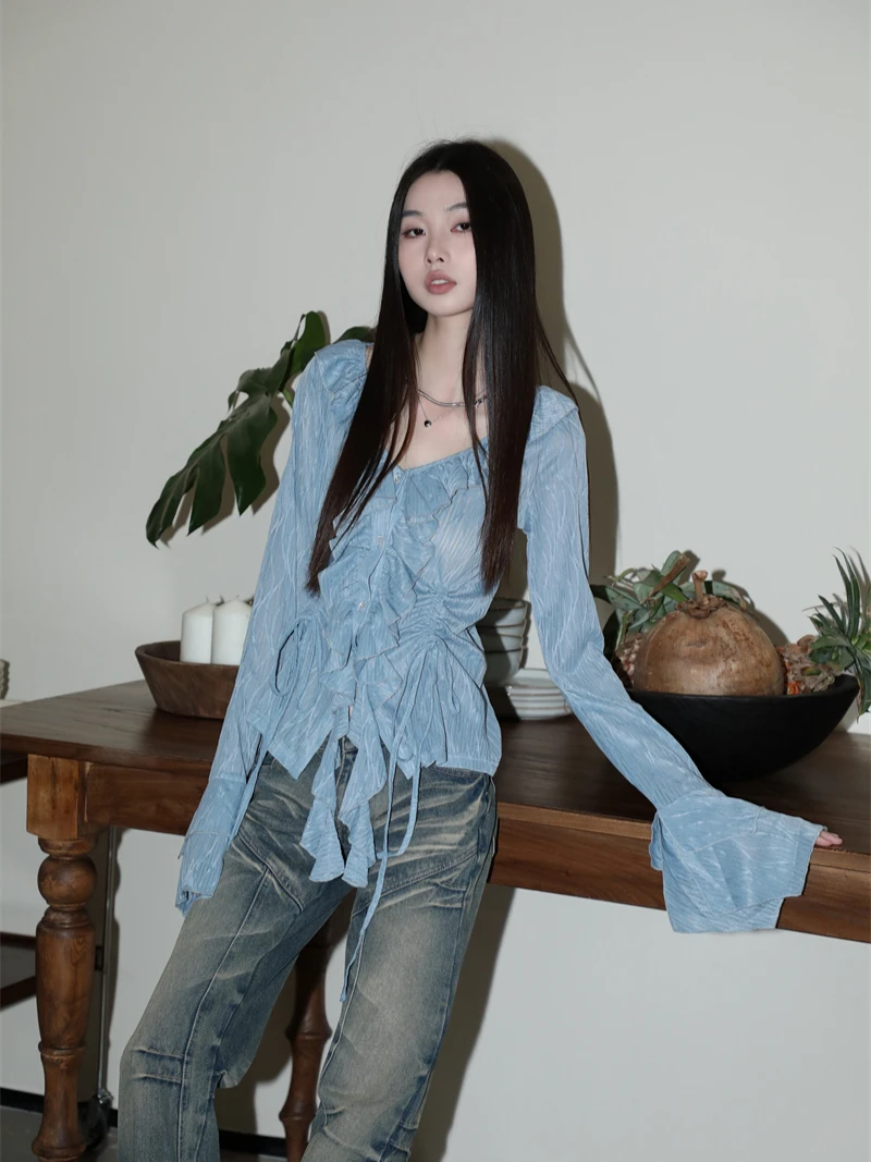 CHEERART Ruffles Wave Flare Sleeve Blouse Women Designer Blue Drawstring Long Sleeve Top And Blouses 2023 Fall Fashion Clothes