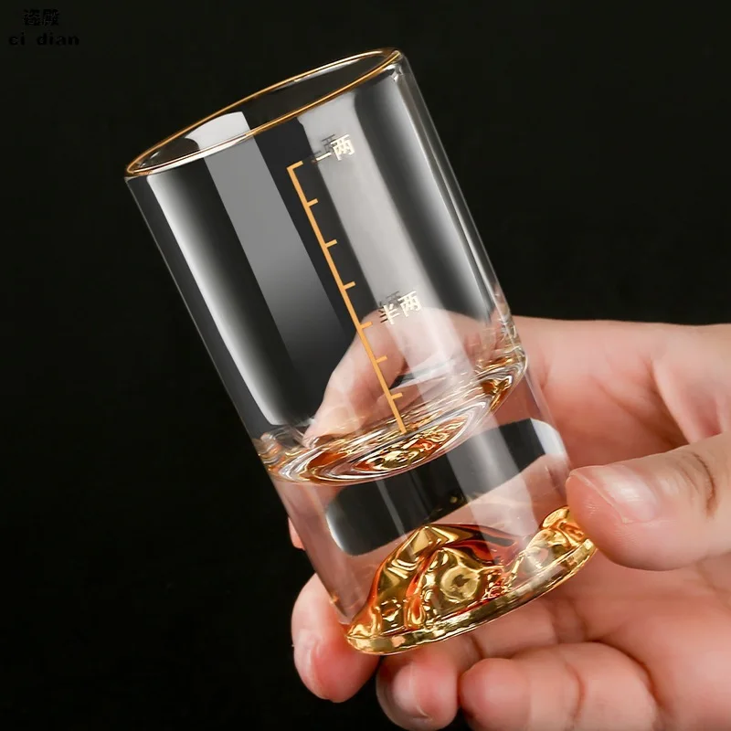 50ml/100ml Golden Mountain Vision Graduated Cup Luxury Drinkware Small Capacity Wine Glass Thick Bottom Spirits Cups Shot Glass