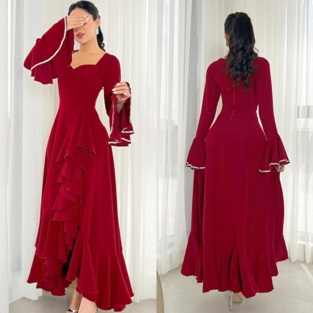 

Jiayigong Sparkle Prom Velour Draped Ruffles Formal Evening A-line Square Neck Bespoke Occasion Gown Midi Dresses