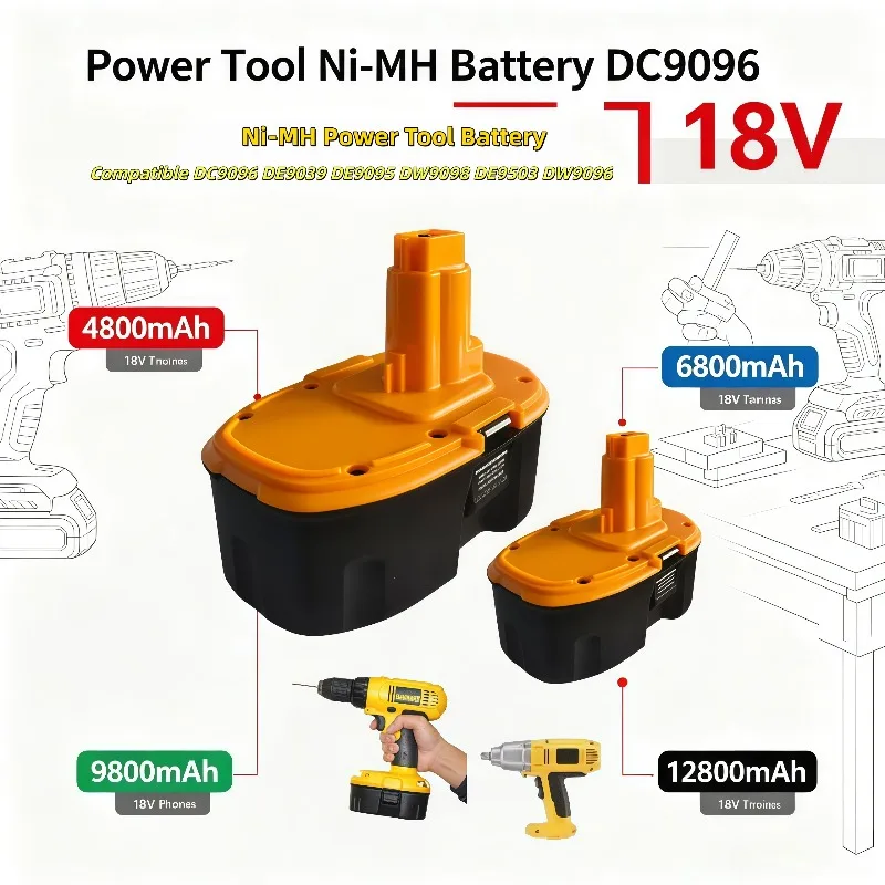 4800/6800/9800/12800mAh 18V Ni-MH Battery Pack Power Tool Spare Cell Fit DC9096 DE9039 DE9095 DW9098 DE9503 DW9096