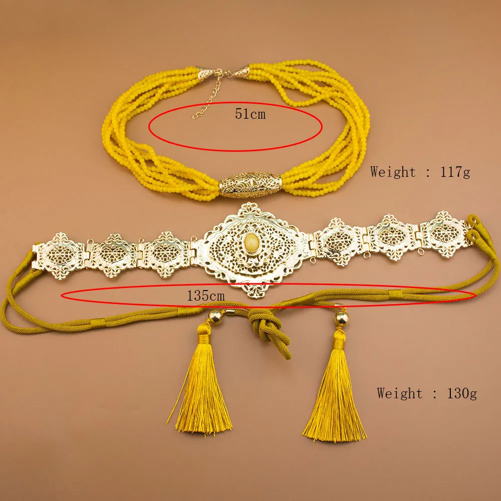 Neovisson Morocco Unique Yellow Jade Color Arabic Bride Jewelry Set Handmad Rope Belt Tassels Chain Long Beads Chain Necklace