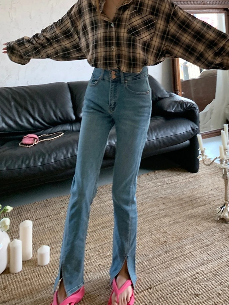 2026 Autumn New Double Button Split Washed Blue Women Jeans Daily Wear Korean Style High Waist Slim Versatile Long Pants