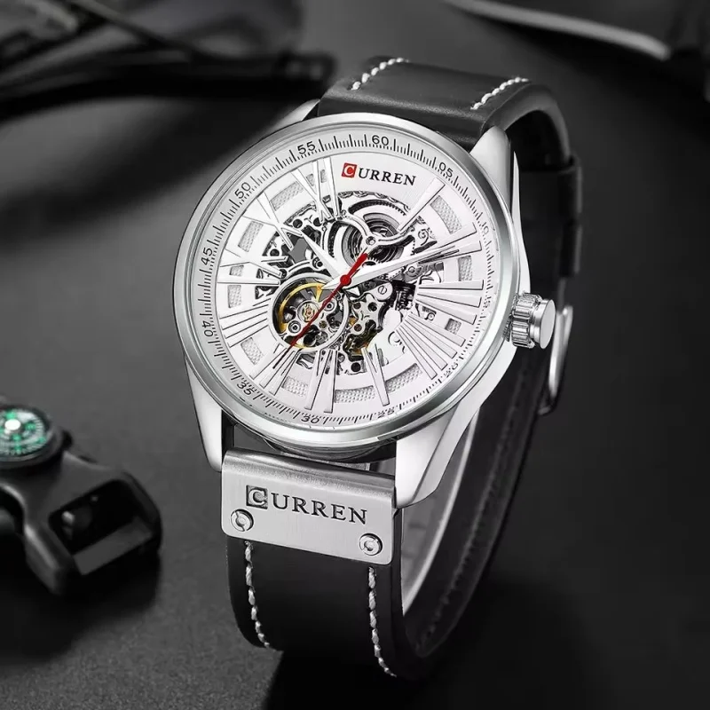 CURREN 8299 Automatic Mechanical Watch Men's Watch Waterproof Hollow Leather Retro Fashion Cool Watch for Male