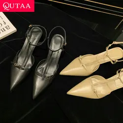 QUTAA 2024 Women Pumps Pointed Toe Genuine Leather Platform Mature Party Office Shoes Woman Thin High Heels Sandals  Size 34-40