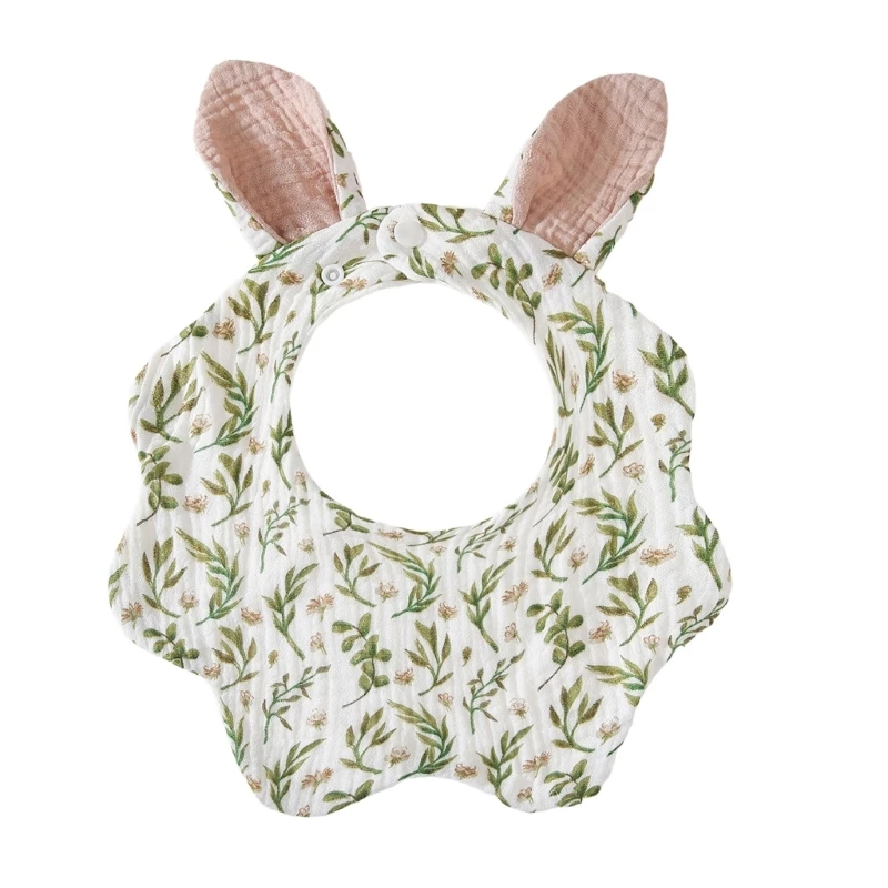 Baby Bib with Lovely Rabbit Ears and Hem Designing for Drooling Protections 0-2 Years Infant Cotton Burp Cloth W3JF