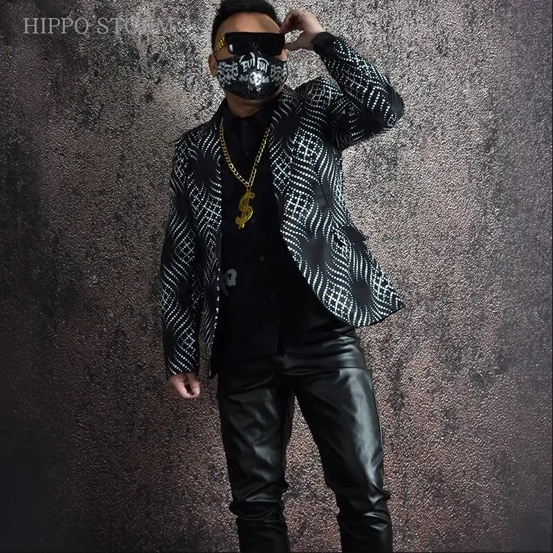 جديد الرجال أبيض وأسود البولكا نقطة طباعة دعوى معطف ملهى ليلي الربيع الذكور المغني تصفيف الشعر الاتجاه سليم بليزرات جاكيتات فستان