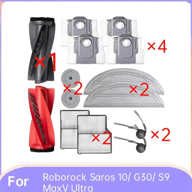 A67M-14 Pcs For Roborock Saros 10/ G30/ S9 Maxv Ultra Robot Vacuum Roller Side Brush HEPA Filter Mop Pad Dust Bag
