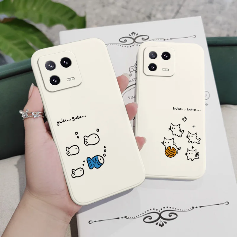 Custodia per telefono gatto linea carina per Xiaomi Mi 14 13 13T 12 12X 12T 12S 11 11T 10 10T 9 9T Pro Lite Cover in Silicone liquido