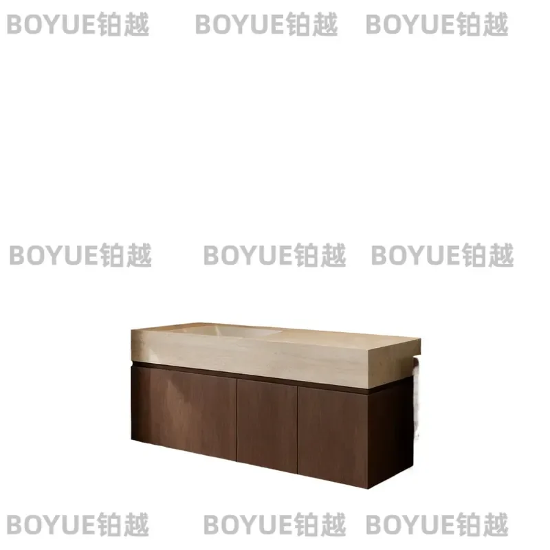 Travertine Ceramic Integrated Basin Bathroom Vanity Cabinet Retro Style Washstand Sink Combo Modern Stone Look Washbasin Unit