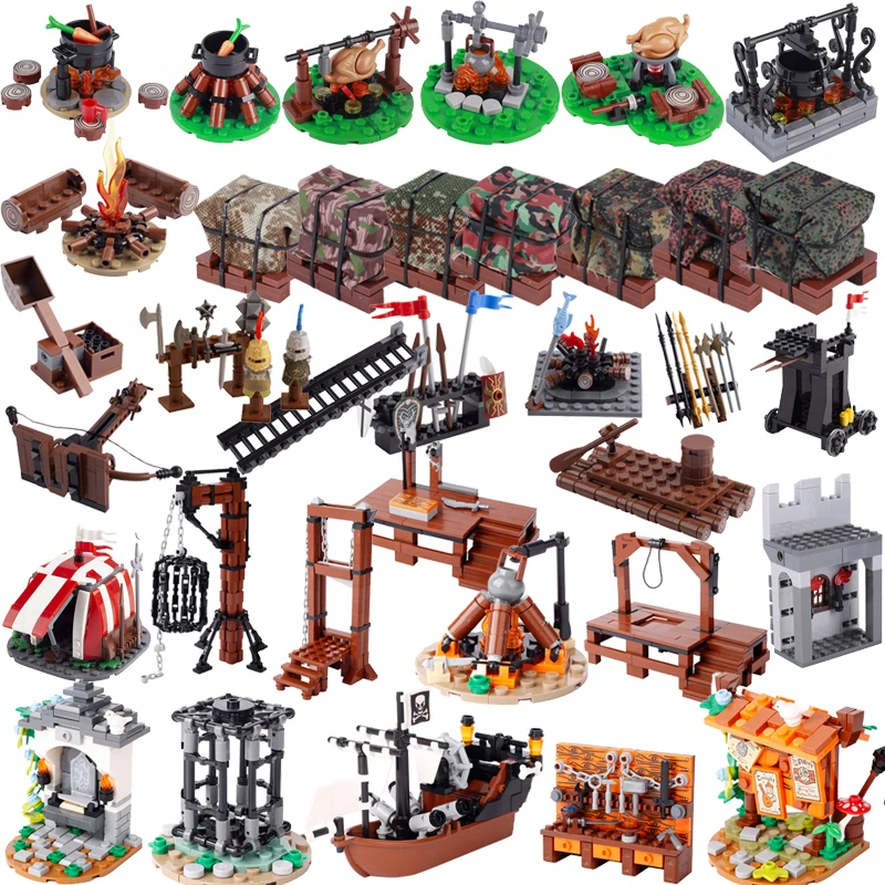 MOC Medieval Building Accessories Building Blocks Military Castle Scene Roman Soldiers Siege Weapons Campsite campfire Tent Toys