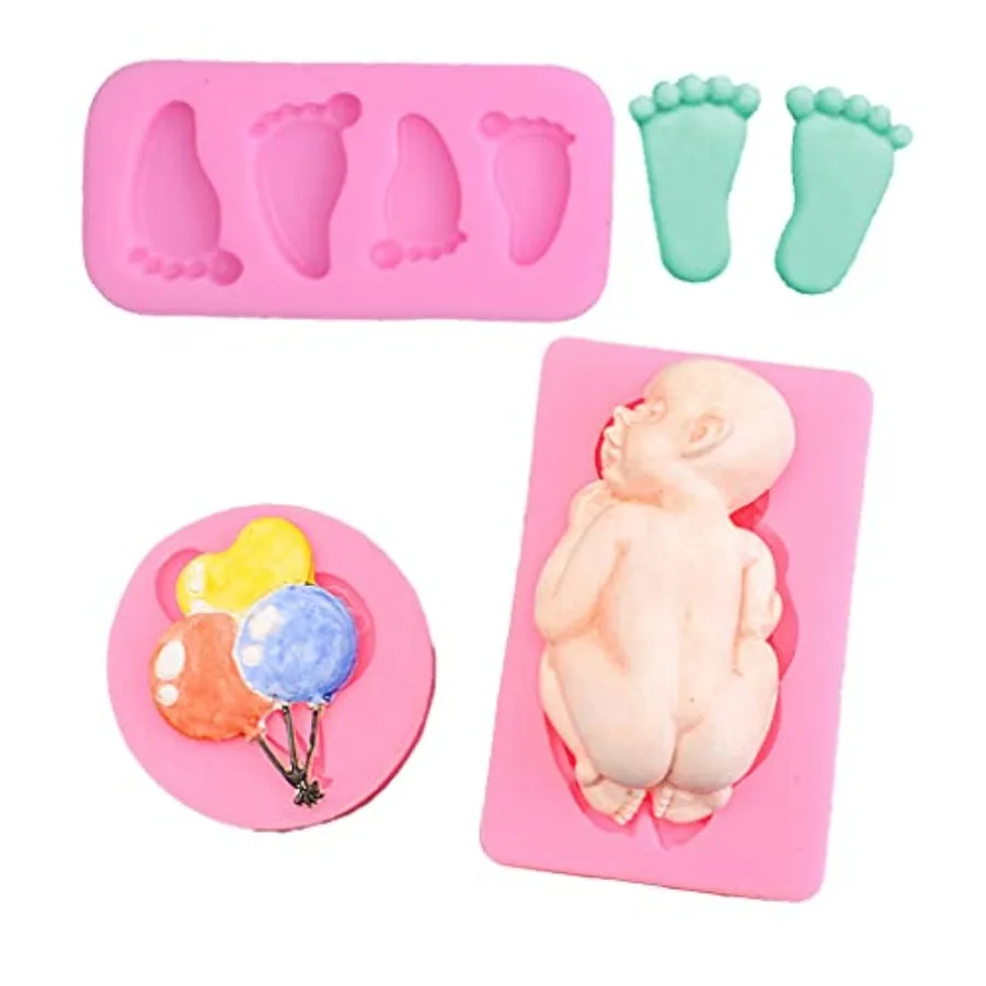 Juego de 3 moldes de silicona con forma de bebé, molde para hacer velas y jabón, decoración de pasteles para Baby Shower, globos, pies de bebé, Fondant, caramelo de Chocolate