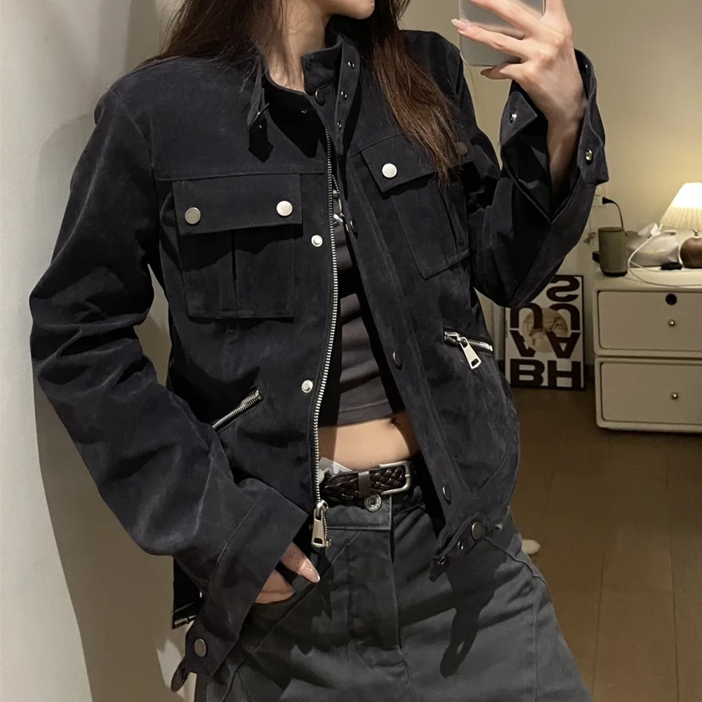 New COOL Giacca da donna in pelle scamosciata autunnale in pelle PU Cappotto con zip a maniche lunghe retrò americano Capispalla corto caffè vintage