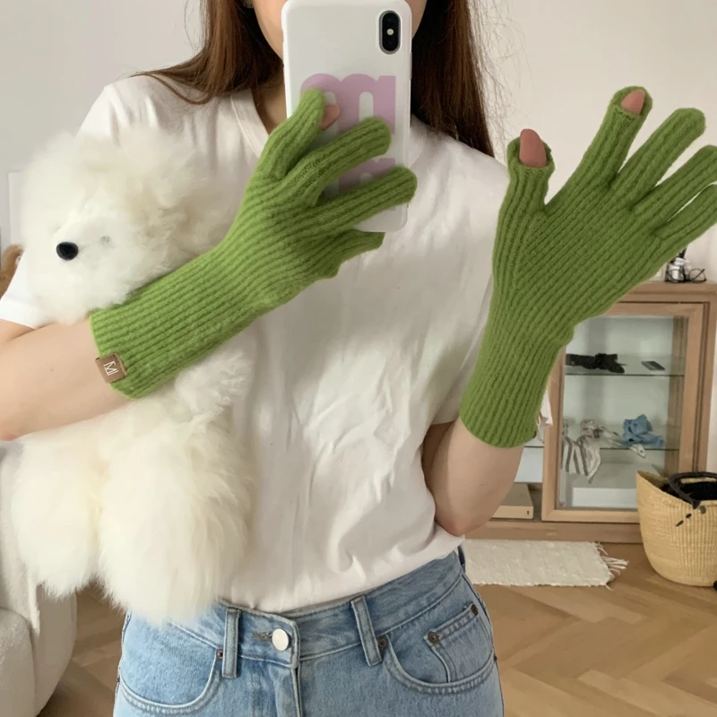 

Pure Color Knitted Thicken Gloves for Women Warm Korean Five-finger Extended Touch Screen Mittens For Women