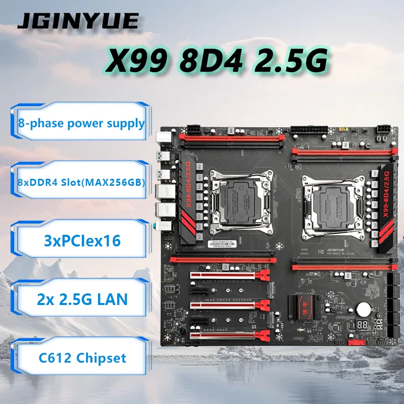 JGINYUE X99 8D4 2.5G V2.21 LGA2011-3 XEON Motherboard For Intel Dual CPU E5 26XX V3/V4 DDR4 ECC RAM Workstation Multi-instancing