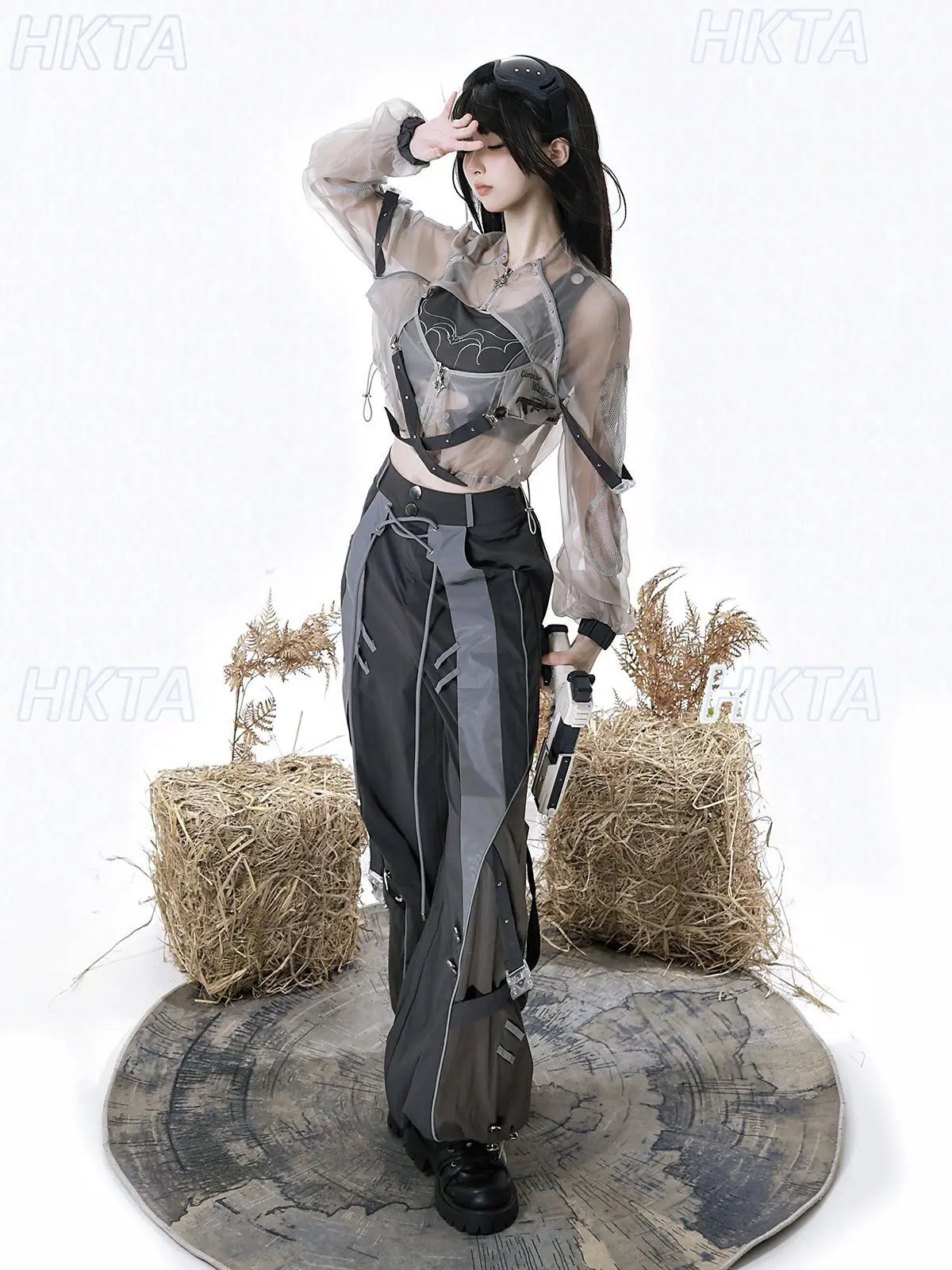 Dark Subculture Y2k Lolita Functional Two Dimensional Goth Cool Summer Jacket Top Loose Contrasting Wide Leg Trousers Sets Women
