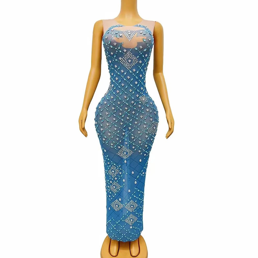 

Birthday Celebrate Silver Rhinestones Transparent Blue Mesh Dress Women Dancer Show Evening Costume Prom Party Photoshoot Dress