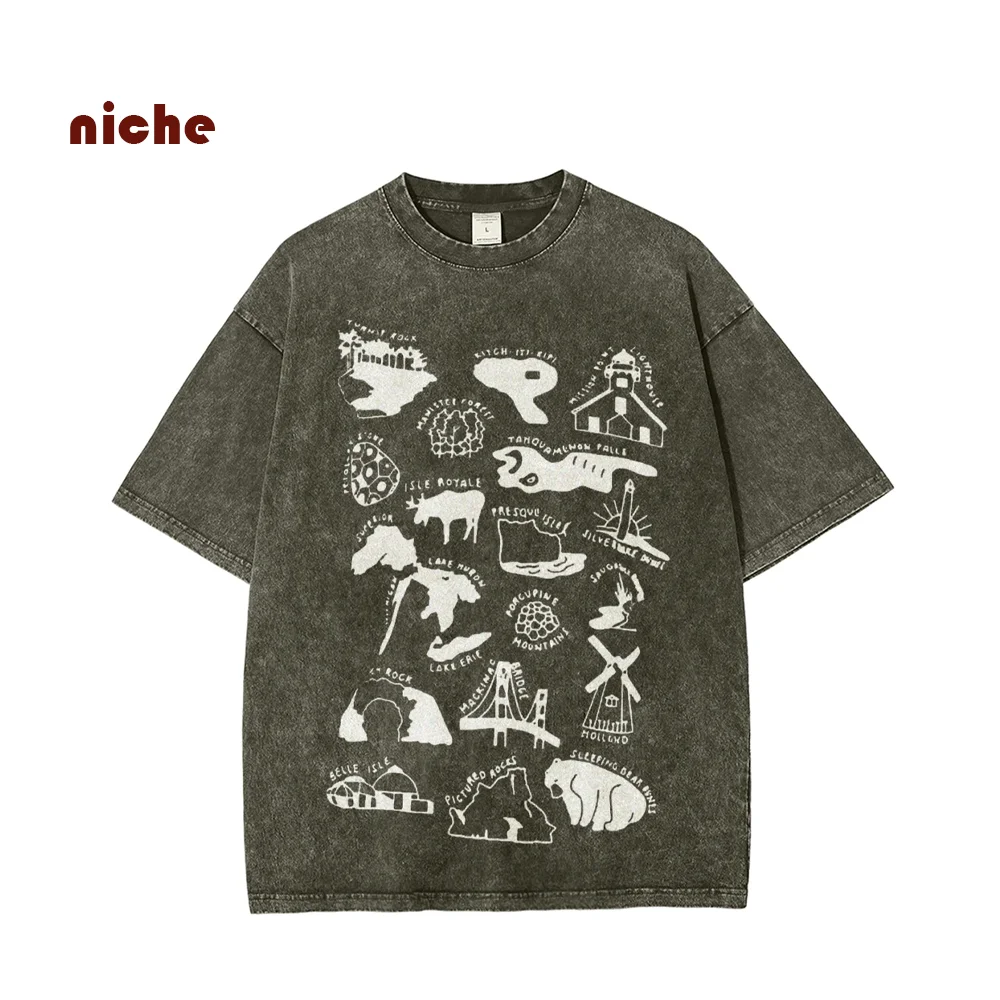 

Simple Hand-Painted Lines, Letter Animal Print T-Shirt American Neutral Style Trendy Washed Shoulder New Short Sleeves