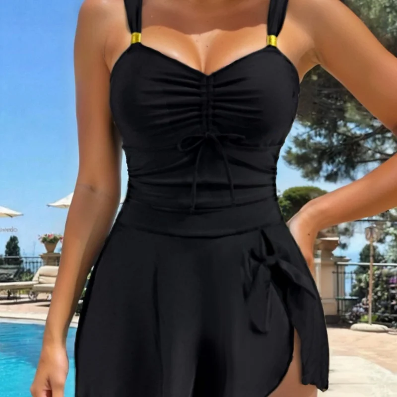 

2026NewbikiniSolid Color Drawstring Slimming One-Piece Skirt Bikini Hot Spring Swimsuit for Women
