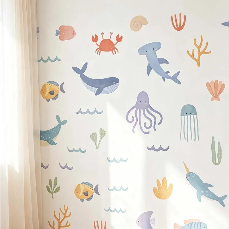 Cartoon Underwater World Theme Whale Octopus and Crab Wall Stickers for Kids Bedroom Nursery DIY Wall Art Wallpaper Home Decor
