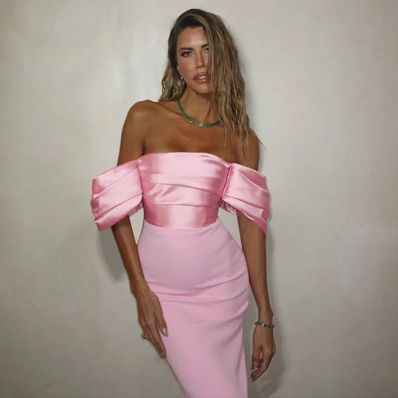 Cetim fora do ombro vestido de noite clube vestidos 2025 feminino outono sexy bodycon maxi vestidos festa elegante noite baile vestido rosa