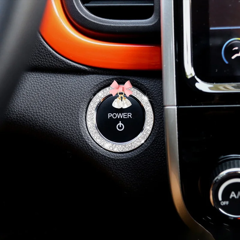 Rhinestone Bow Bell Car Start Switch Button Auto Decorative Diamond Stickers Ring Circle Trims Protective Cover Car Accessories