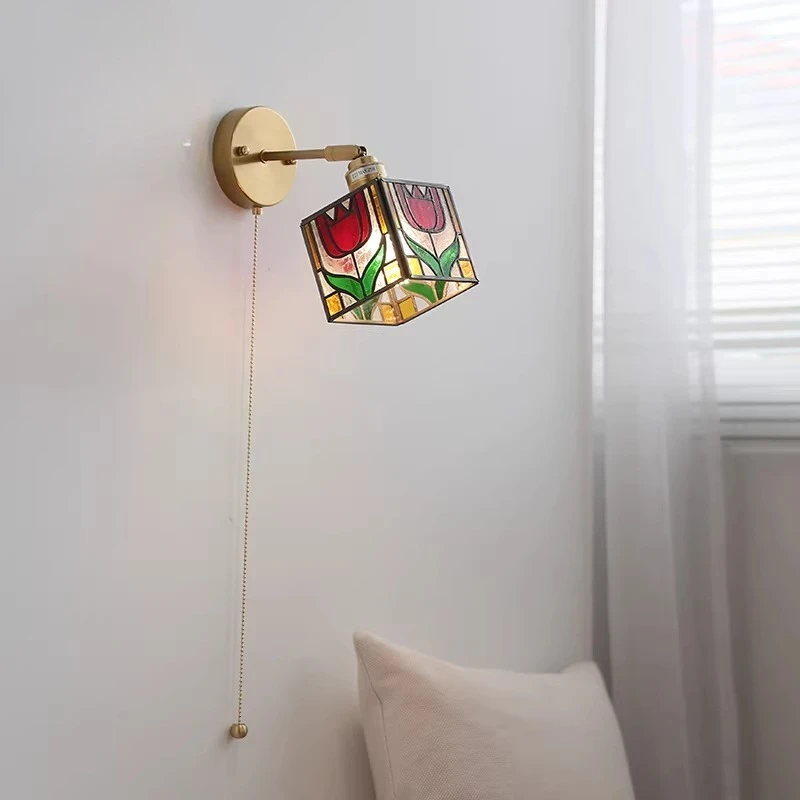 

Vintage Colorful Glass LED Wall Lamp with Switch Living Room Background Sconces Bedroom Bedside Kitchen Stairs Tulip Wall Light