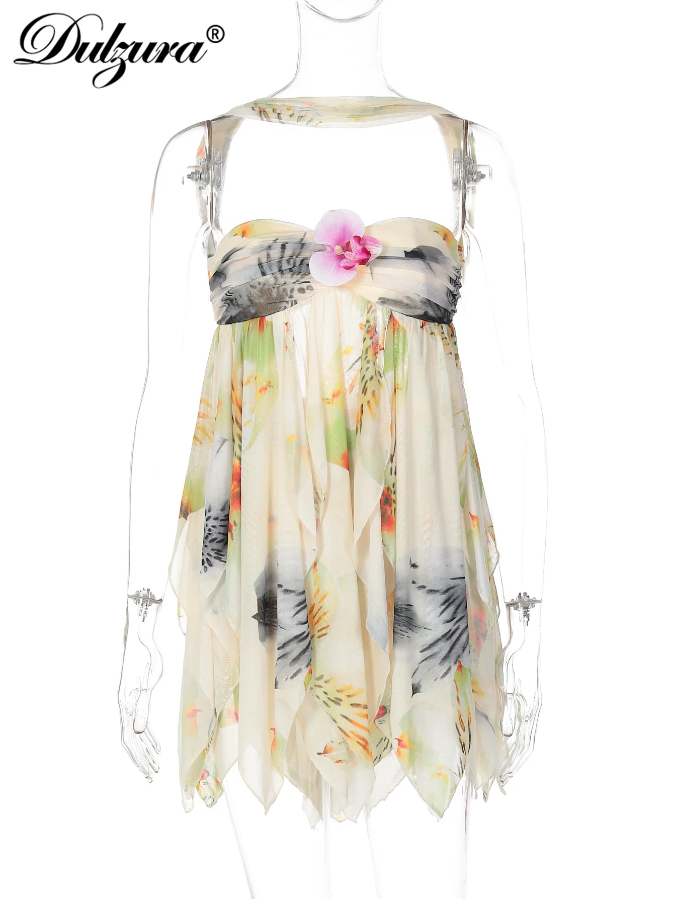 Dulzura 2025 夏ファッションセクシーなホルターバックレススリムフィット不規則なメッシュプリント Tシャツ女性のエレガントなカジュアルパーティークラブ服