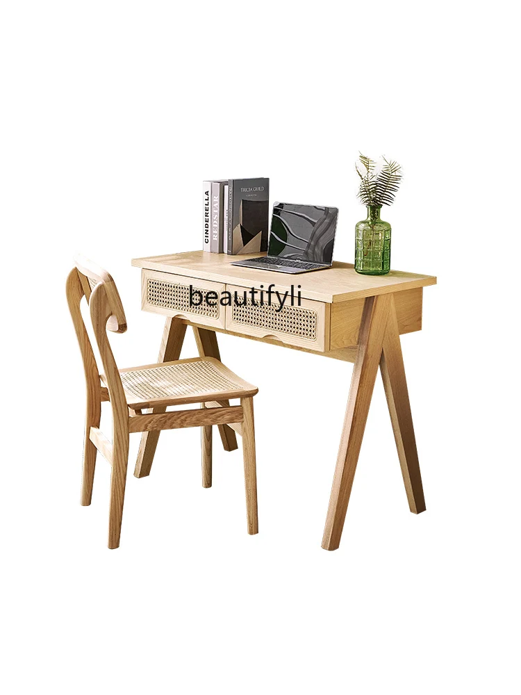 

Nordic Rattan Solid Wood Fashion Desk Chair Combination Simple Small Apartment Retractable Computer Desk Oak Calligraphy Table