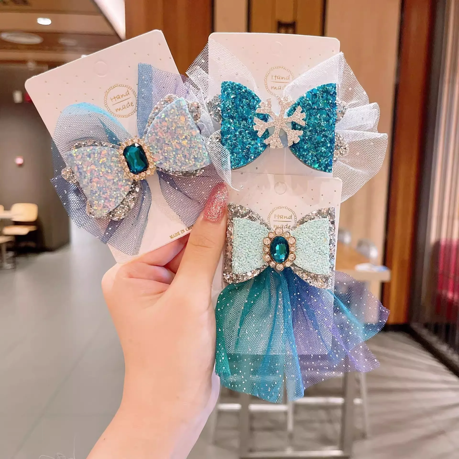 

Kawaii Disney Princess Elsa Hair Accessories Hair Clip Cute Children's MMesh Bow Snowflake Headband Hair Clip Girl Gift