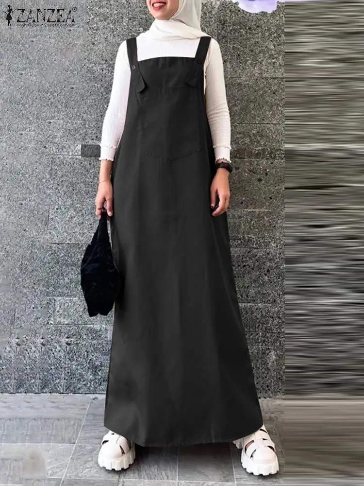 ZANZEA Women Fashion Spaghetti Strap Solid Long Sundress Islamic Clothing Muslim Turkey Overalls Dress Autumn Abaya Hijab Dress