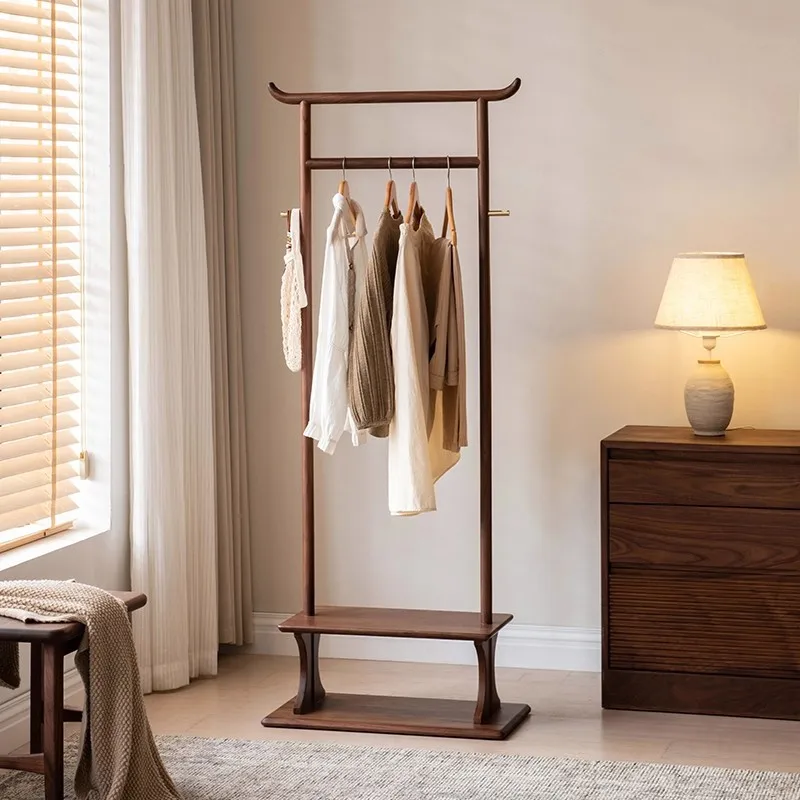 New Chinese black walnut coat rack Floor-to-ceiling solid wood hanger for storage and storage box