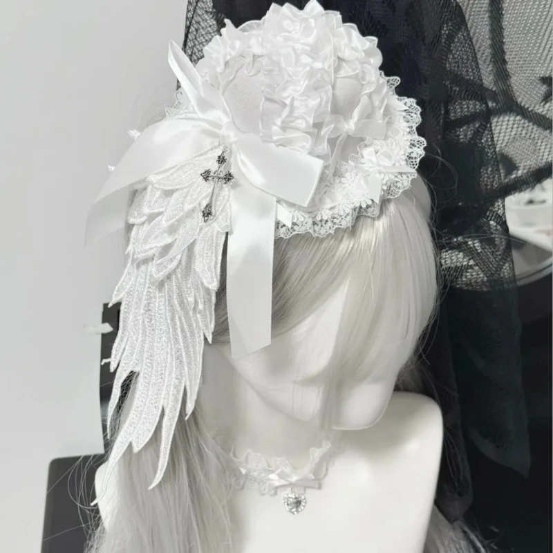 Image of Lolita-Kopfschmuck mit Einzelflügel, gotischer Engelskreuzflügel, Lolita-Subkultur-Haarspange, Haar-Accessoire, Spitzenhut
