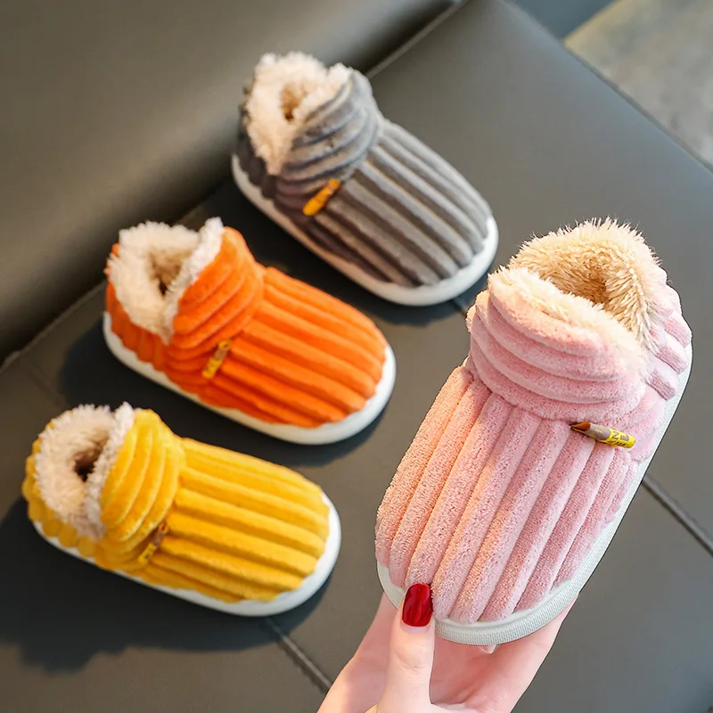 bota New Winter Concise Stripe Plush Slippers Child Non-slip Soft Sole Kids Boys Girl Heel Wrap Warm Parenting Home Cotton Shoes