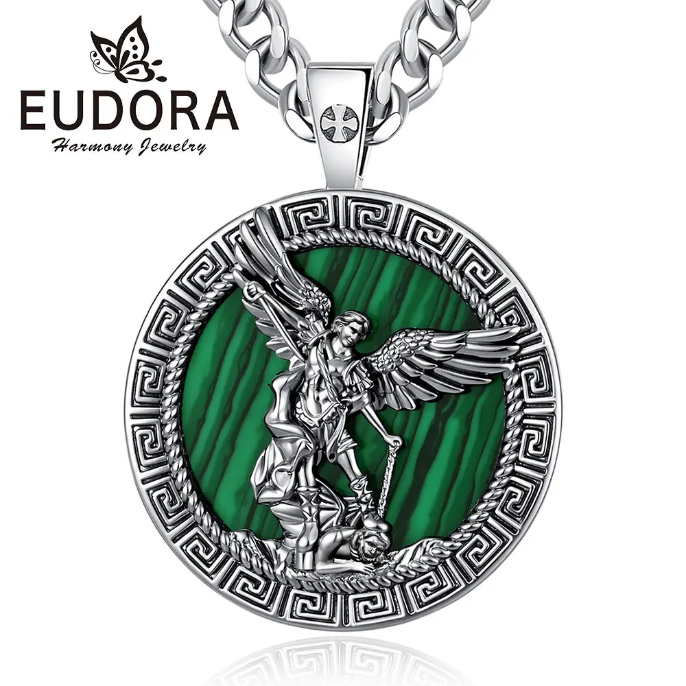 Eudora Copper Malachite Saint Michael Necklace Archangel Medal Pendant Christian Amulet Religious Jewelry Gift for Men Woman