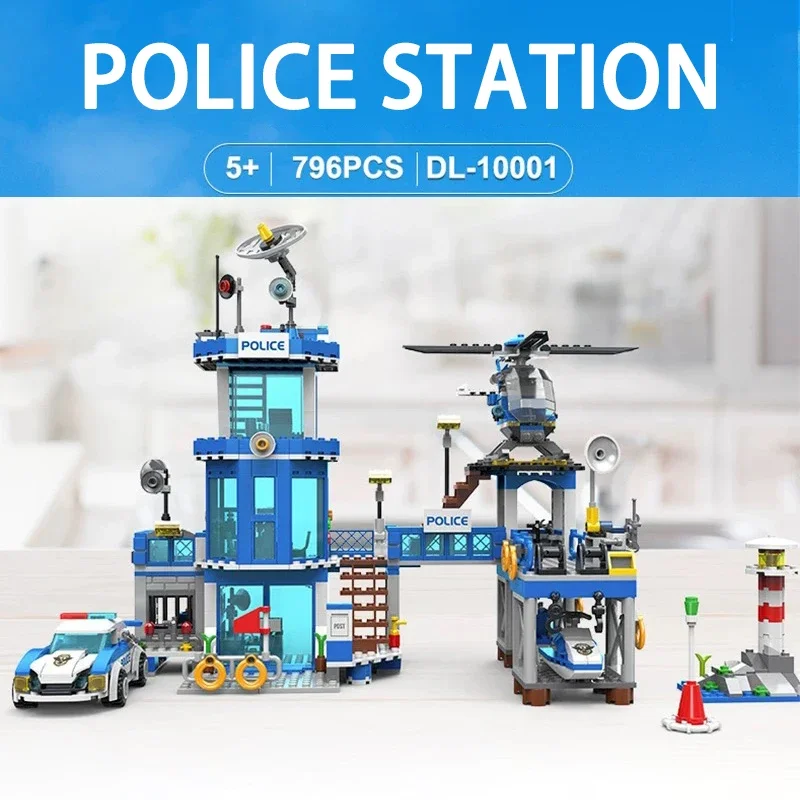 Street View Stadt Polizei Station Küste Wache Bausteine Hubschrauber Auto SWAT Gefängnis Modell Ziegel Spielzeug Für Kinder Weihnachten Geschenk