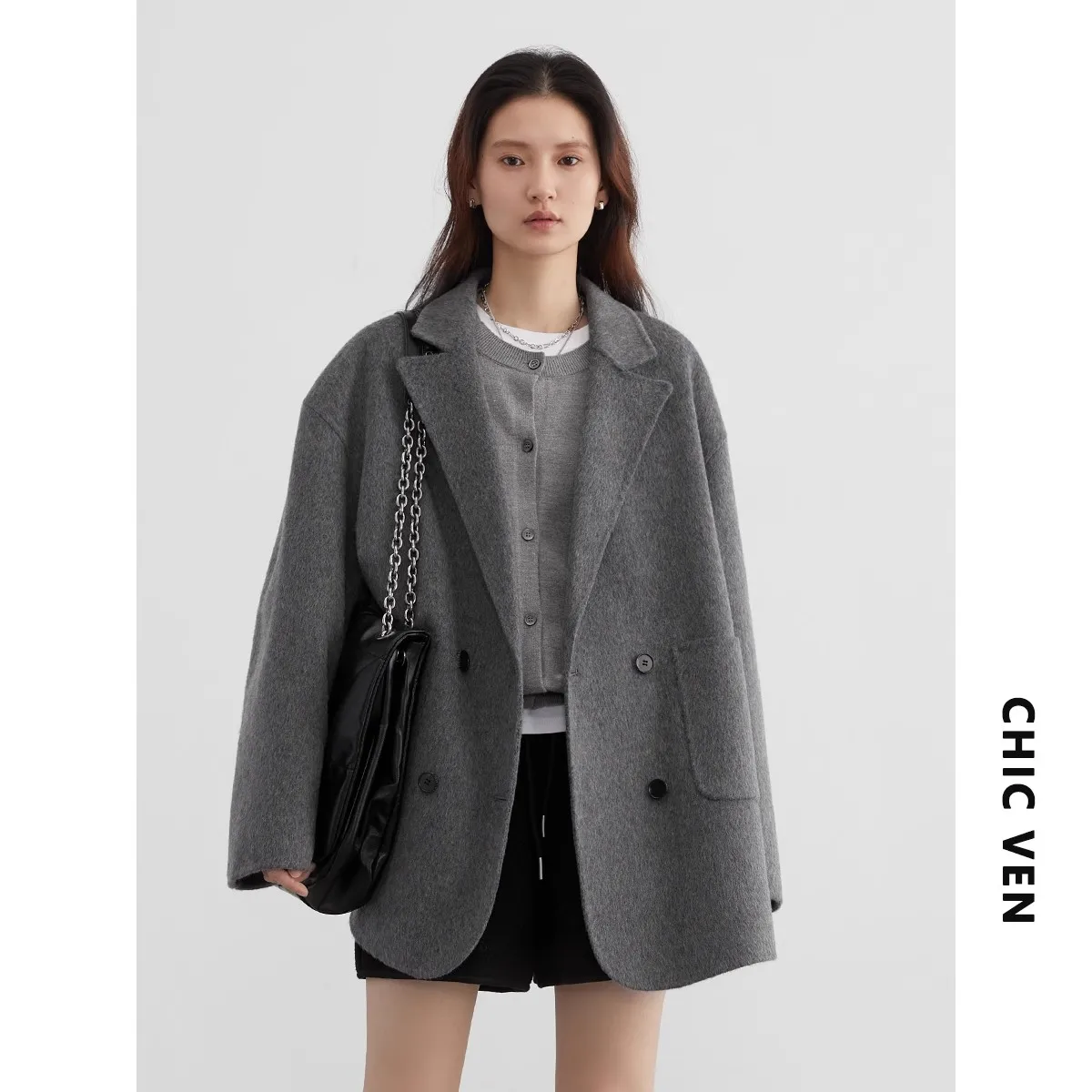 CHIC VEN Women\'s Woolen Coats Loose Casual Double Breasted Retro Double-sided Jacket Office Lady Outerwear Autumn Winter 2023